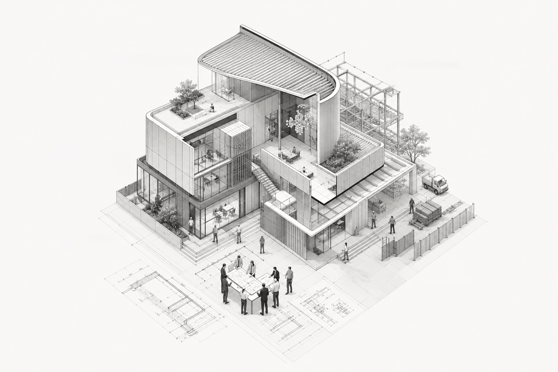 Isometric cutaway of a complex architectural project